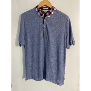 Ted Baker London polo shirt men’s size 6 blue plaid collar linen cotton preppy